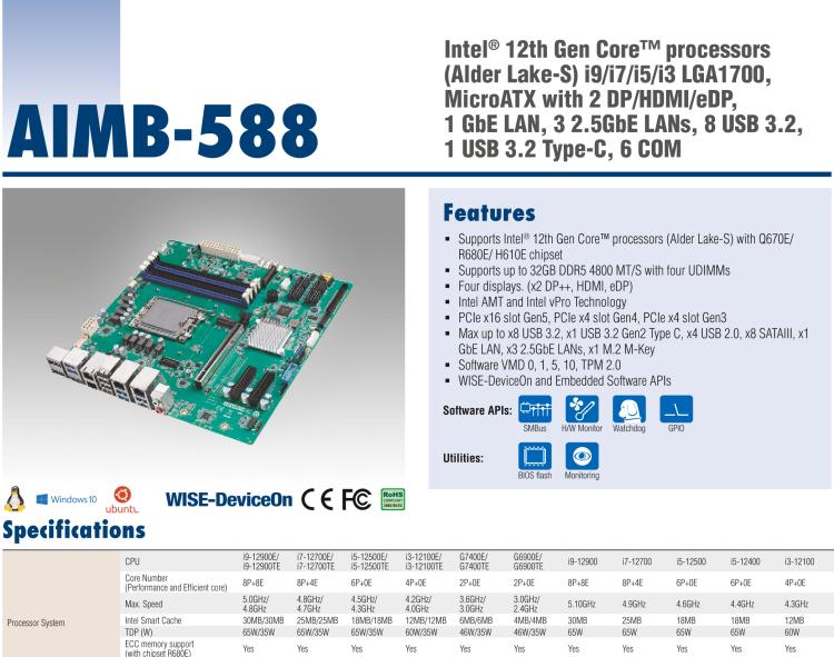 研華AIMB-588 適配Intel 第12代 Core i 系列處理器，搭載Q670E/ R680E/ H610E芯片組。高性能可達(dá)服務(wù)器級(jí)別高端產(chǎn)品，獨(dú)立四顯，專(zhuān)業(yè)的圖像處理能力，是理想的行業(yè)解決方案。