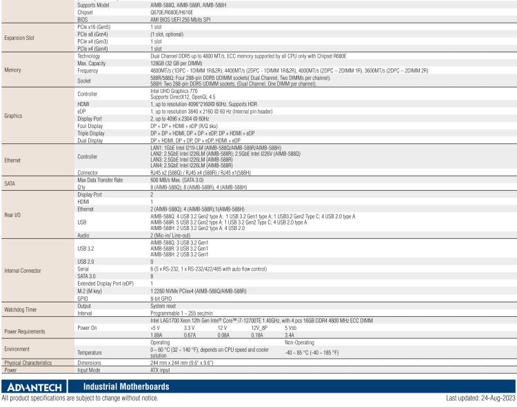研華AIMB-588 適配Intel 第12代 Core i 系列處理器，搭載Q670E/ R680E/ H610E芯片組。高性能可達(dá)服務(wù)器級(jí)別高端產(chǎn)品，獨(dú)立四顯，專(zhuān)業(yè)的圖像處理能力，是理想的行業(yè)解決方案。