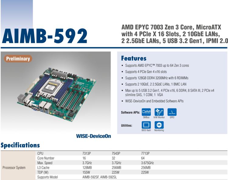 研華AIMB-592 適配AMD EPYC 7003系列處理器。性能達到服務器級別，4路PCIe x16滿足各類拓展需求，可做小型工作站、小型視覺圖像處理服務器使用。