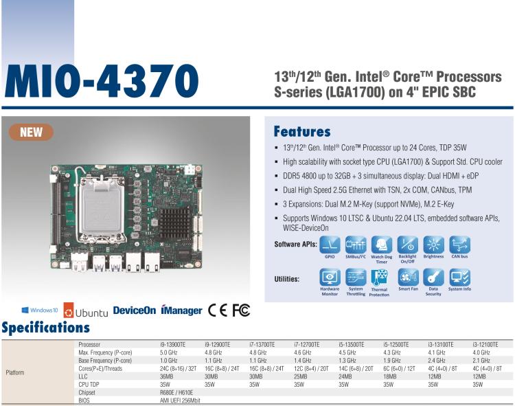 研華MIO-4370 基于第12代Intel Core處理器（Alder Lake-S系列，LGA1700 socket CPU）， 4" EPIC 單板電腦