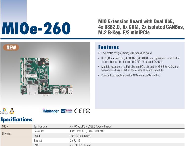 研華MIOe-260 M.2 B-key，高速 miniPCIe，雙Intel LAN，4個(gè)USB2.0、8個(gè)COM