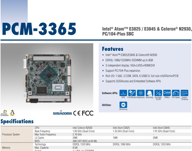 研華PCM-3365 英特爾第四代凌動?Atom?E3825 / E3845＆賽揚(yáng)?N2930，PC / 104-Plus嵌入式主板，ISA，VGA，HDMI / DVI，LVDS，6 USB，mSATA或板載SSD