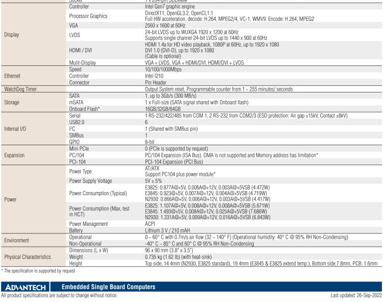 研華PCM-3365 英特爾第四代凌動?Atom?E3825 / E3845＆賽揚(yáng)?N2930，PC / 104-Plus嵌入式主板，ISA，VGA，HDMI / DVI，LVDS，6 USB，mSATA或板載SSD