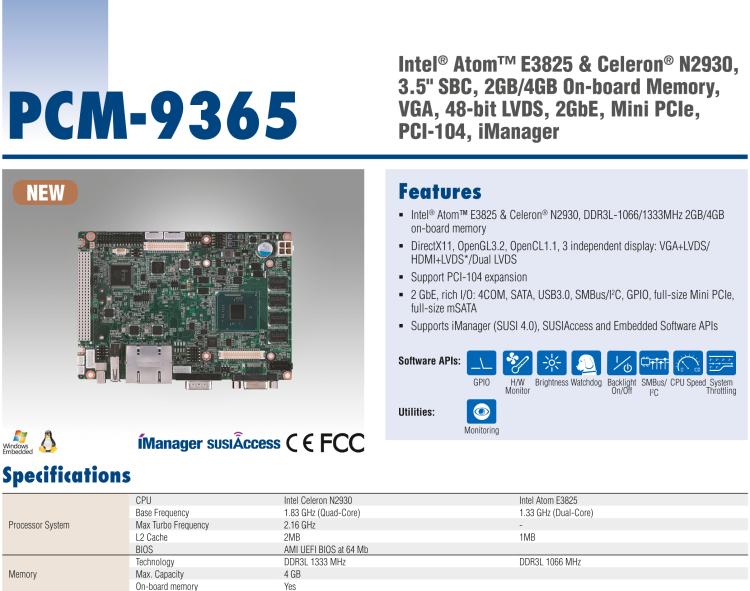 研華PCM-9365 第四代ATOM PCI-104 3.5寸主板, 搭載E3825，N2930 CPU，2GB/4GB內(nèi)存在板，VGA, 18/24-bit LVDS, 2GbE, Mini PCIe, PCI-104, iManager