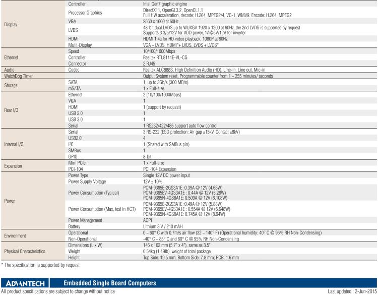 研華PCM-9365 第四代ATOM PCI-104 3.5寸主板, 搭載E3825，N2930 CPU，2GB/4GB內(nèi)存在板，VGA, 18/24-bit LVDS, 2GbE, Mini PCIe, PCI-104, iManager