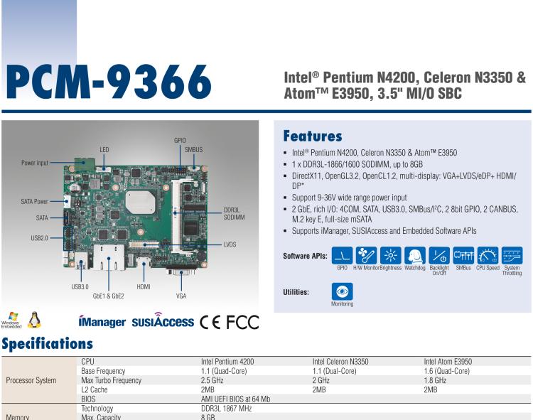 研華PCM-9366 Intel 第六代Atom?奔騰N4200賽揚(yáng)N3350，3.5寸單板電腦