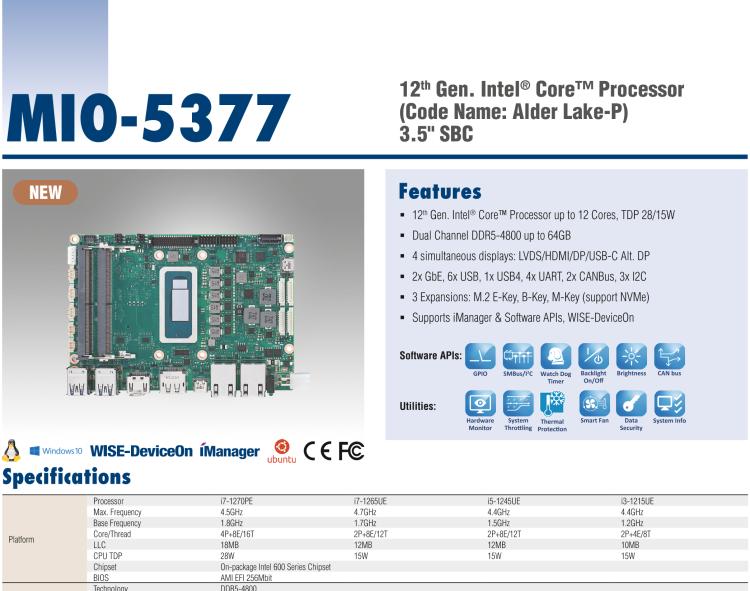 研華MIO-5377 第12代 Intel Core i7/ i5/ i3 P系列，3.5"單板電腦， 高達(dá)12 核心，TDP 28/15W