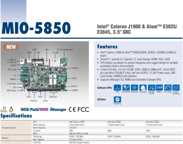 研華MIO-5850 Intel賽揚(yáng)J1900和Atom?E3825 / E3845,3.5“MI / O-Compact SBC，板載DDR3L，3GbE，iManager 3.0,16位GPIO，CANBUS，板載eMMC，12V / 24V電源輸入