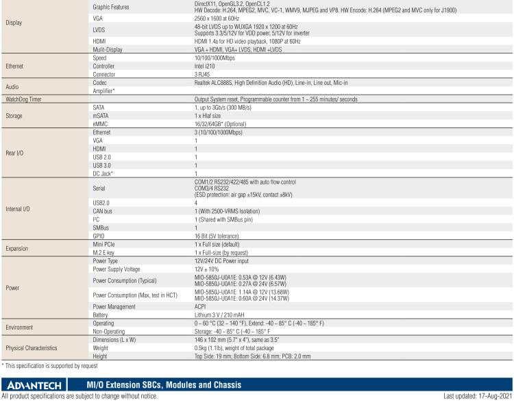 研華MIO-5850 Intel賽揚(yáng)J1900和Atom?E3825 / E3845,3.5“MI / O-Compact SBC，板載DDR3L，3GbE，iManager 3.0,16位GPIO，CANBUS，板載eMMC，12V / 24V電源輸入