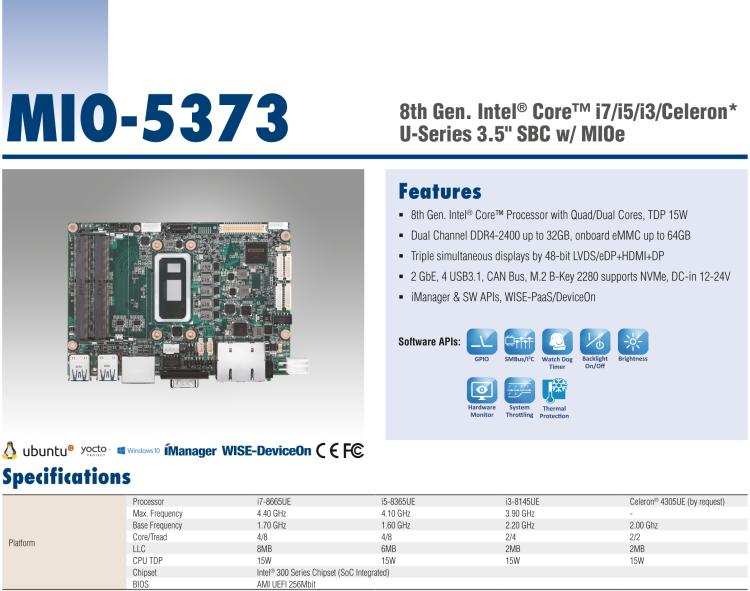 研華MIO-5373 第八代 Intel 低功耗高性能 超極本CPU 3.5寸嵌入式單板，性能提升40%