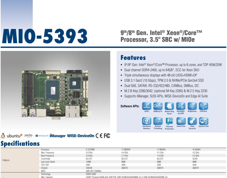 研華MIO-5393 第九代Intel 高性能筆記本CPU 3.5寸小尺寸嵌入式單板，性能提升25%，TDP 45W/25W，支持DDR4 64GB內(nèi)存，2LAN, 4USB 3.1，M.2 2280 Key支持NVMe，-40-85℃寬溫