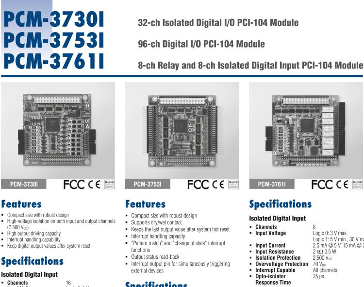 研華PCM-3730I PCI-104，2通,32通道隔離數字輸入/輸出卡