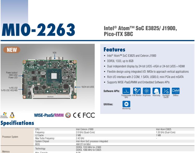 研華MIO-2263 2.5寸Pico-ITX主板，搭載Intel? Atom? SoC E3825/ J1900處理器的2.5寸Pico-ITX單板電腦，采用DDR3L內(nèi)存，支持24-bit LVDS + VGA/HDMI獨立雙顯，帶有豐富I/O接口：1個GbE、半長Mini PCIe、4個USB、2個COM、SMBus、mSATA & MIOe