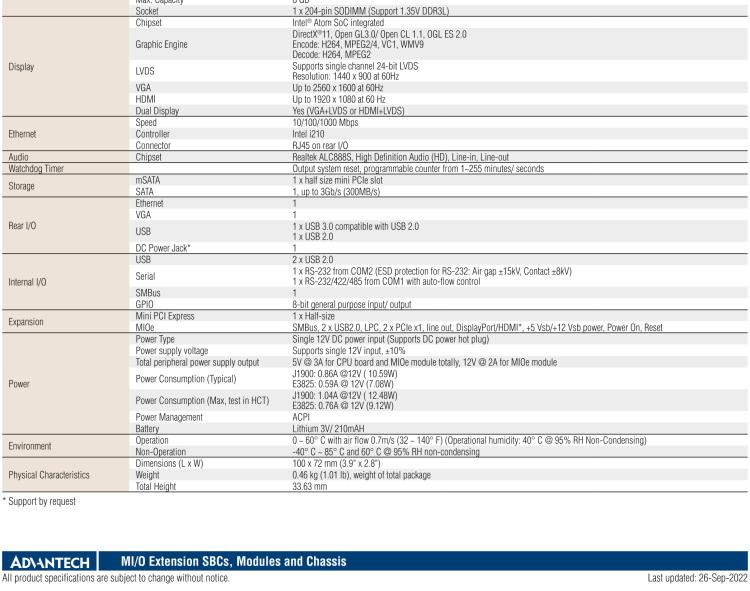 研華MIO-2263 2.5寸Pico-ITX主板，搭載Intel? Atom? SoC E3825/ J1900處理器的2.5寸Pico-ITX單板電腦，采用DDR3L內(nèi)存，支持24-bit LVDS + VGA/HDMI獨立雙顯，帶有豐富I/O接口：1個GbE、半長Mini PCIe、4個USB、2個COM、SMBus、mSATA & MIOe