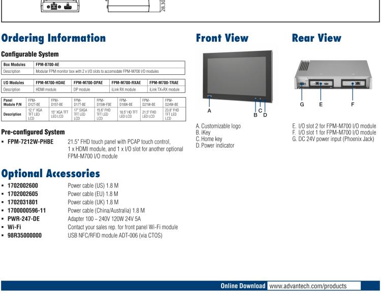 研華FPM-7212W 模組化工業(yè)顯示器，21.5” Full HD/18.5” HD/17” SXGA/15” XGA/12” XGA 液晶顯示器