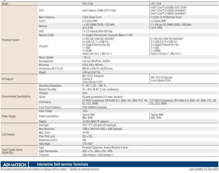 研華UTC-515F 15.6" 多功能觸控一體機，內置Intel? Skylake Core? i3-6100U處理器