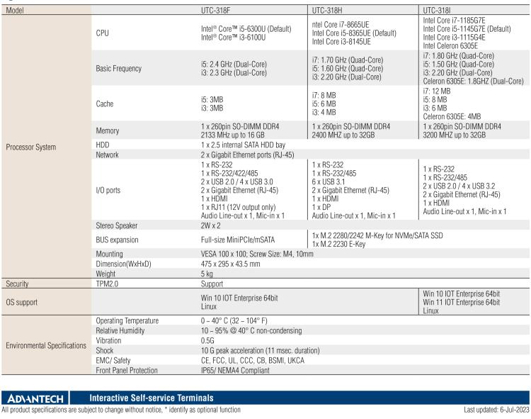 研華UTC-318H 18.5" 多功能觸控一體機，內(nèi)置 Intel? Core? i5-8365UE / Core? i3-8145UE