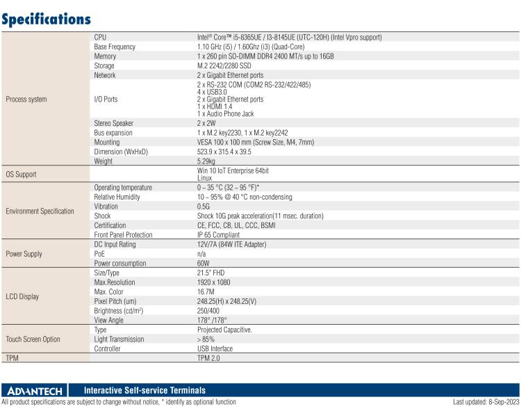 研華UTC-120H 21.5" 多功能觸控一體機(jī)，內(nèi)置Intel? Core? i5-8365UE