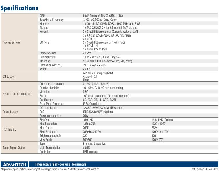 研華UTC-115G 15.6" 多功能觸控一體機 UTC-115G ，配備Intel? Celeron? N3450 /Pentium? N4200