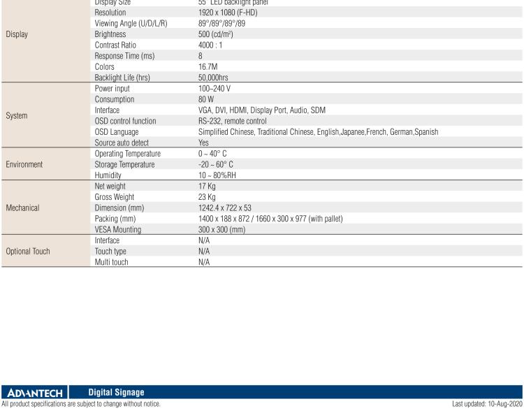 研華DSD-7055 55" 全高清廣告牌顯示器，500尼特亮度，帶SDM插槽