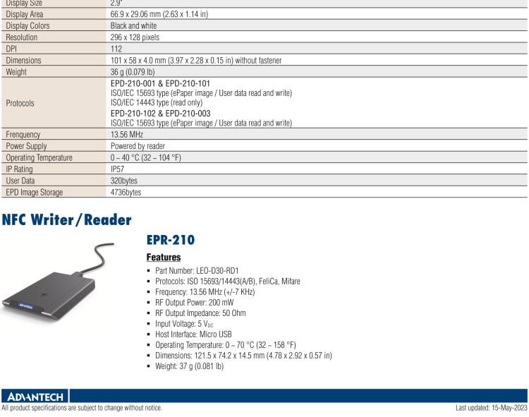 研華EPD-210 2.9" 電子紙解決方案，NFC、無(wú)電池，用于倉(cāng)庫(kù)、物流箱和名片。
