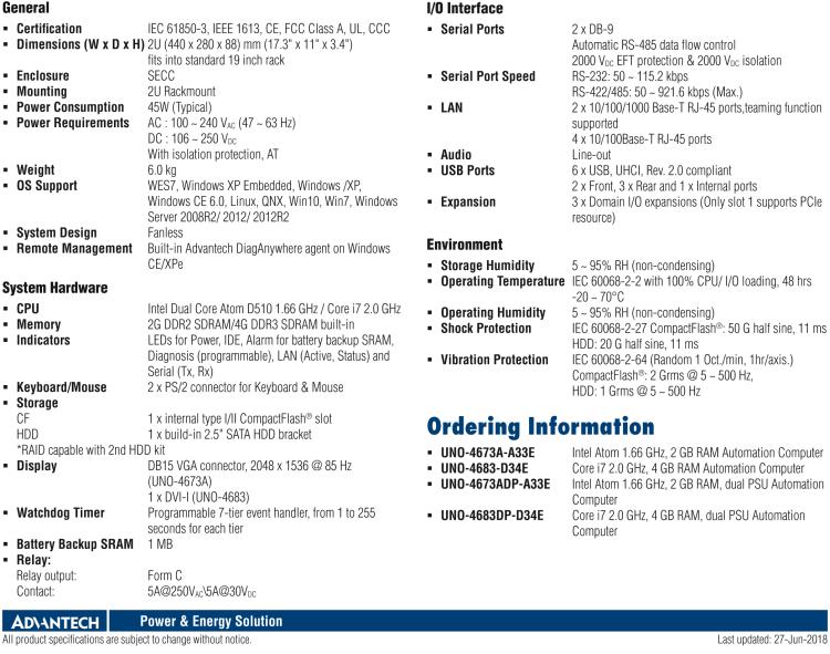 研華UNO-4673A Intel? Atom ? D510 變電站專用機(jī)，帶6×LAN, 2×COM, 3×擴(kuò)展槽