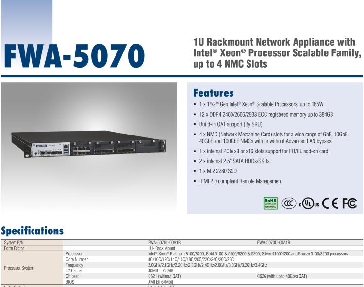 研華FWA-5070 基于Intel?Xeon?處理器可擴展系列1U機架式網(wǎng)絡(luò)應(yīng)用平臺，最高支持4個NMC插槽