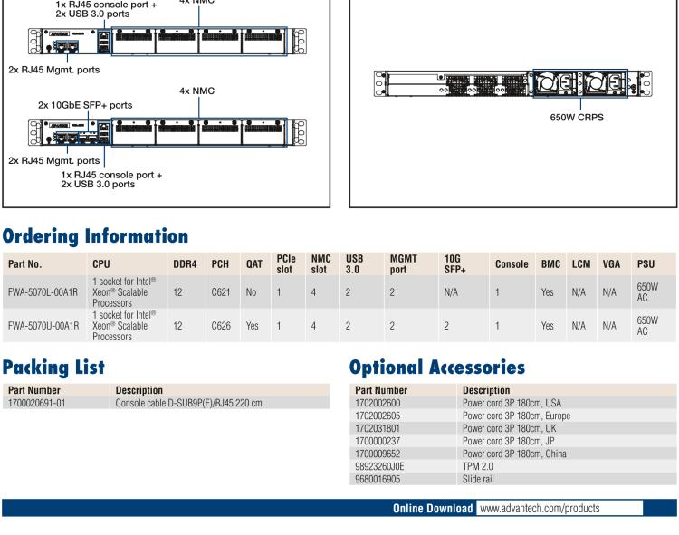 研華FWA-5070 基于Intel?Xeon?處理器可擴展系列1U機架式網(wǎng)絡(luò)應(yīng)用平臺，最高支持4個NMC插槽
