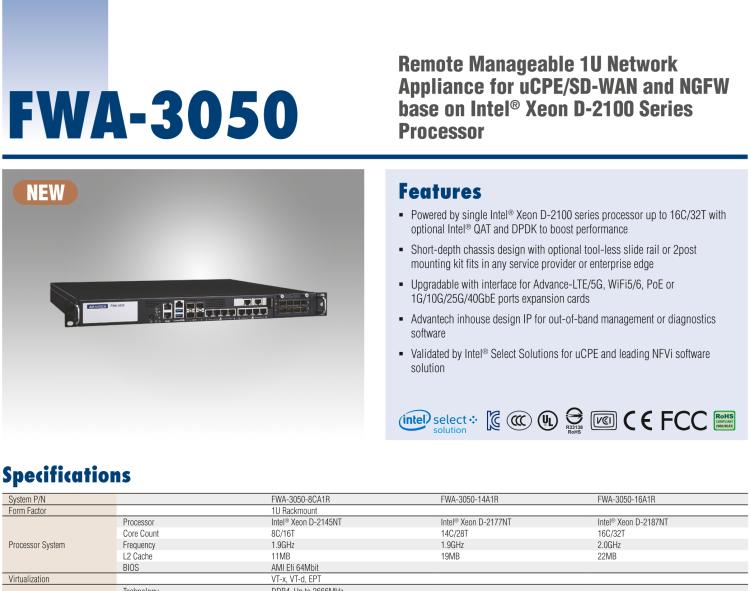 研華FWA-3050 基于Intel?Xeon D-2100系列處理器，用于uCPE和下一代防火墻的遠(yuǎn)程可管理1U網(wǎng)絡(luò)應(yīng)用平臺