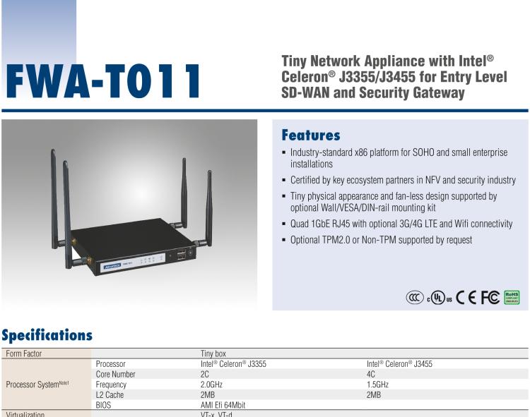 研華FWA-T011 基于Intel? Celeron? N3350/J3455 入門級(jí)SD-WAN，安全網(wǎng)關(guān)微型網(wǎng)絡(luò)應(yīng)用平臺(tái)
