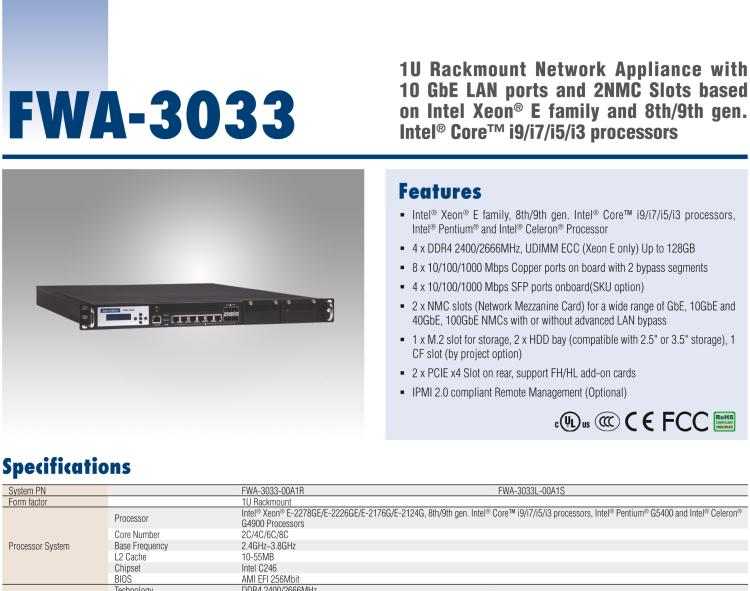 研華FWA-3033 基于Intel Coffee Lake CPU Xeon? E 系列或第八/九代Intel? Core? i7/i5/i3處理器1U機(jī)架式網(wǎng)絡(luò)應(yīng)用平臺