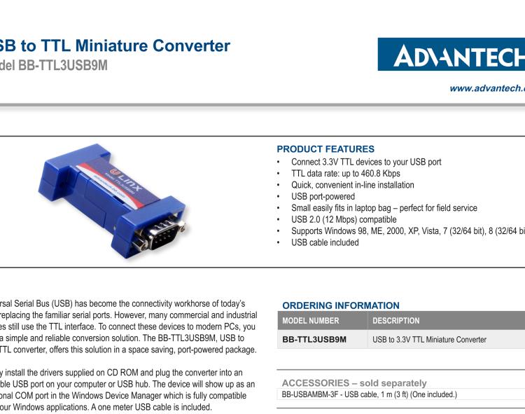 研華BB-TTL3USB9M 串口轉(zhuǎn)換器，USB 2.0至3.3 V TTL DB9 公頭