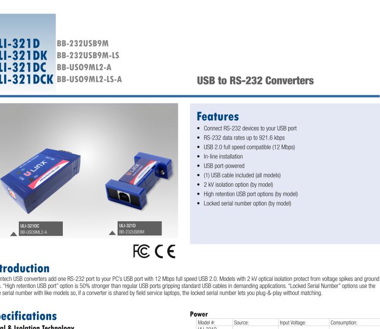 研華BB-232USB9M-LS ULI-321DK USB 2.0到RS-232轉(zhuǎn)換器，DB9公頭 端口號(hào)鎖定