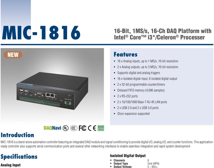 研華MIC-1816 具有Core?i3 /Celeron?處理器的16位，1 MS / s，16通道DAQ平臺(tái)