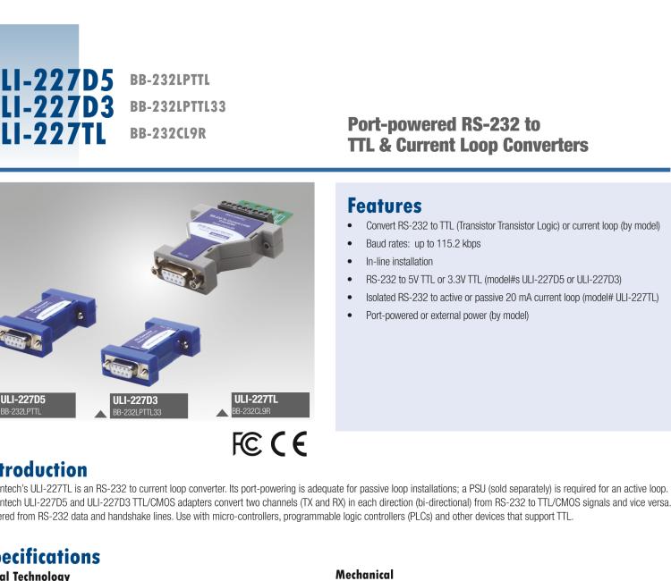 研華BB-232LPTTL ULI-227D5 RS-232（DB9母頭）至5V TTL（DB9公頭）轉(zhuǎn)換器，端口供電
