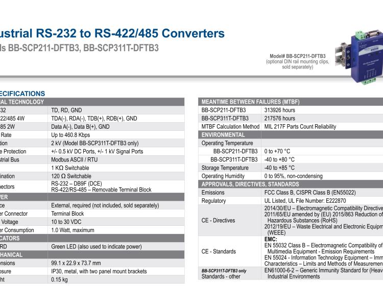 研華BB-SCP311T-DFTB3 ULI-224THC 寬溫度范圍、隔離式、RS-232 至 422/485 轉(zhuǎn)換器