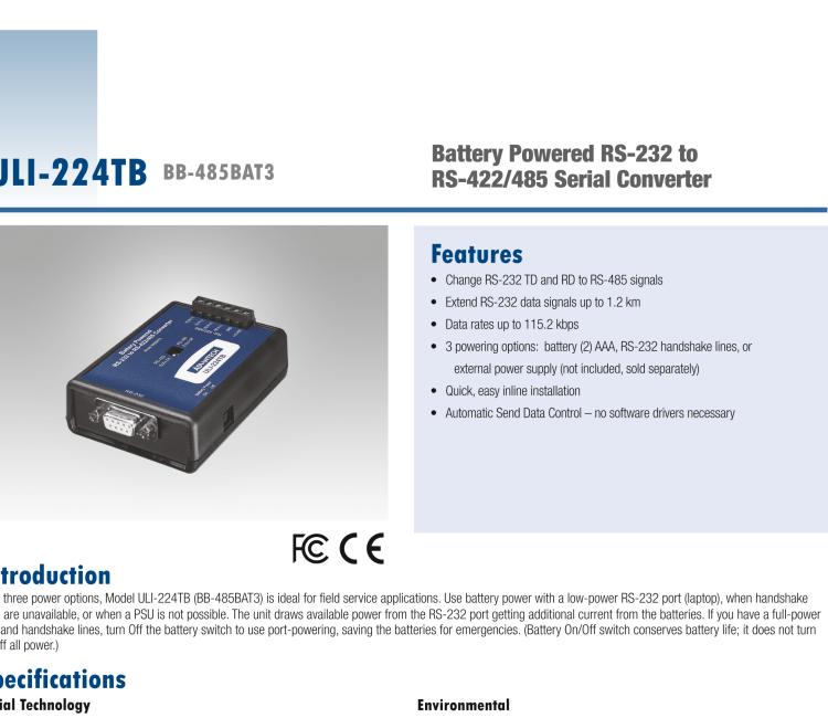 研華BB-485BAT3 ULI-224TB RS-232（DB9母頭至RS-422/485（接線端子）轉(zhuǎn)換器，電池供電