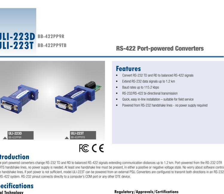 研華BB-422PP9TB ULI-223T RS-232（DB9母頭）至RS-422（接線端子）轉(zhuǎn)換器，端口供電